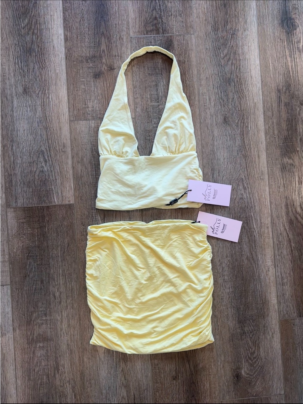 Oh Polly Lemon Halter Crop Top & Ruched Skirt Set
